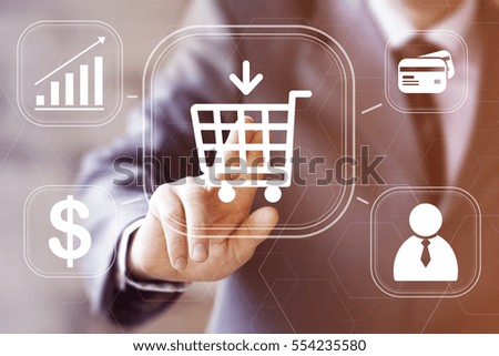 Businessman pressing button shopping cart buy network. Concept virtual shopping communication.