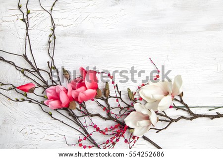 spring background with nice flowers on white wooden subsoil