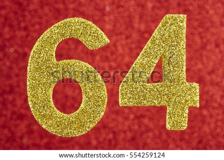 Number sixty-four yellow color over a red background. Anniversary. Horizontal