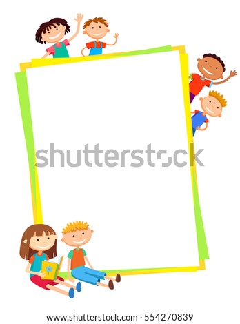 illustration of kids around vertical banner behind poster vector isolated background