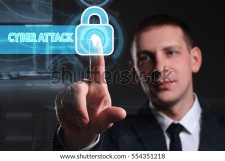 Business, Technology, Internet and network concept. Young businessman working on a virtual screen of the future and sees the inscription: cyber attack