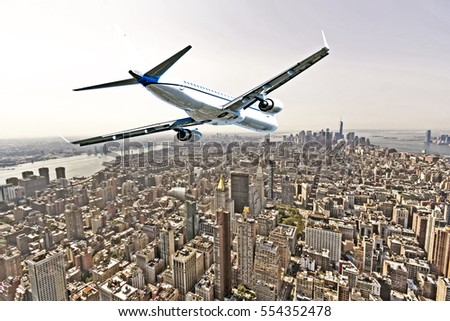 Airplane flying over  New York City. 