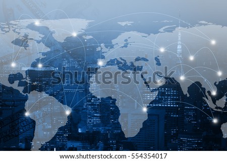 Double exposure world map and connection line on city background. Elements of this image furnished by NASA Royalty-Free Stock Photo #554354017