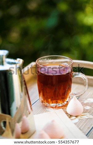 Glass of tea in vintage plate on wooden tray with the tea pot in the garden