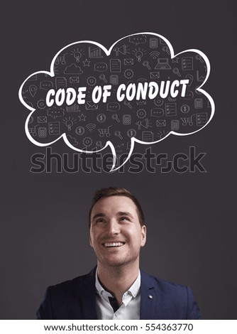 Business, Technology, Internet and marketing. Young businessman thinking about: code of conduct