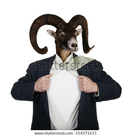 Superhero With Head of a Goat Pulling Open White Shirt