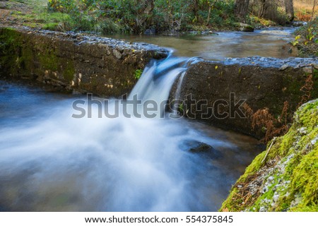 Autumn landscape with mountain river flowing among mossy stones through the colorful forest