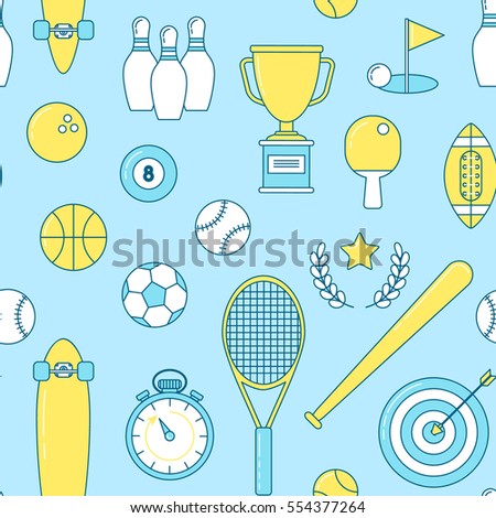 Sports line seamless pattern. Colorful illustration with baseball, longboard and football