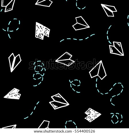 Vector seamless pattern with freehand drawn cartoon paper planes on black background