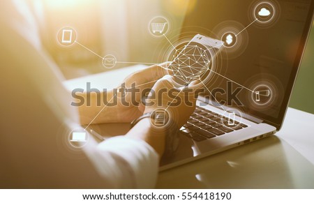 Man using mobile payments online shopping and icon customer network connection on screen.Blurred background .
