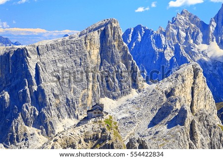Tourists on a trail to Nuvolau refuge, Dolomite Alps, Italy
