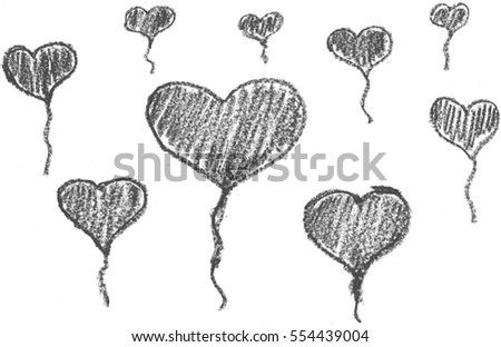 Heart balloons drawing by Red crayon on paper for background - Love and Varentine's day concept - Black and White