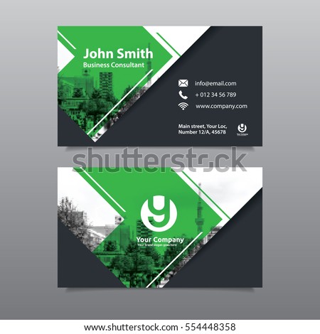Green Color Scheme with City Background Business Card Design Template. Can be adapt to Brochure, Annual Report, Magazine,Poster, Corporate Presentation, Portfolio, Flyer, Website Royalty-Free Stock Photo #554448358