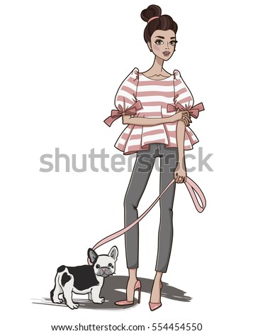 Fashion girl with cute french bulldog. Vector illustration.