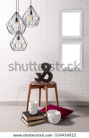 brick wall interior purple pillow and lamp decor, frame
