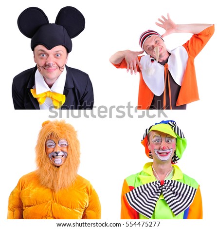 Collage of four pictures isolated: close up portrait of smiling and fooling around animator in various theater roles. Emotional and colorful - lion, clown, mouse, Pinocchio