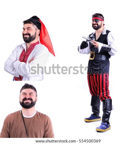 Collage of three pictures isolated: close up portrait of smiling and fooling around animator in various theater roles. Emotional man as a pirate, a hunter, a cossack