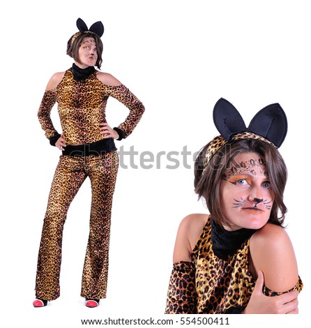 Collage of two pictures isolated: close up portrait of a smiling handsome young woman dressed as a cheetah. High-heeled shoes