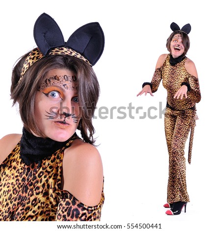 Collage of two pictures isolated: close up portrait of a smiling handsome young woman dressed as a cheetah. High-heeled shoes