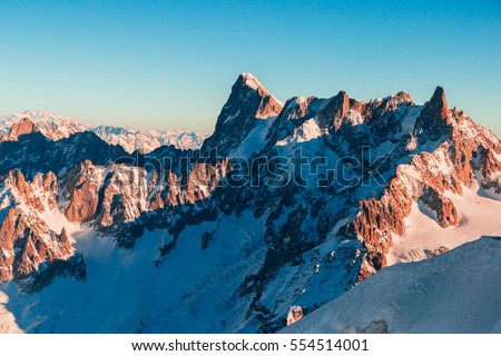 Ski resort  Chamonix Mont Blanc. The mountain is the highest in the alps and the European Union. Alpine mountains range landscape in beauty French, Italian and Swiss ALPS seen from Aiguille du Midi