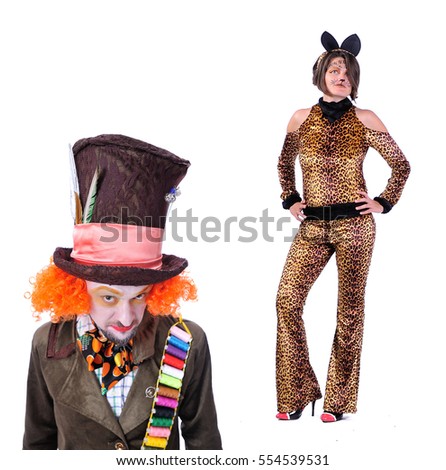 Collage of few pictures isolated: close up portraits of smiling and fooling around animators in various theater roles. Emotional and colorful - hatter and a lady dressed as cheetah