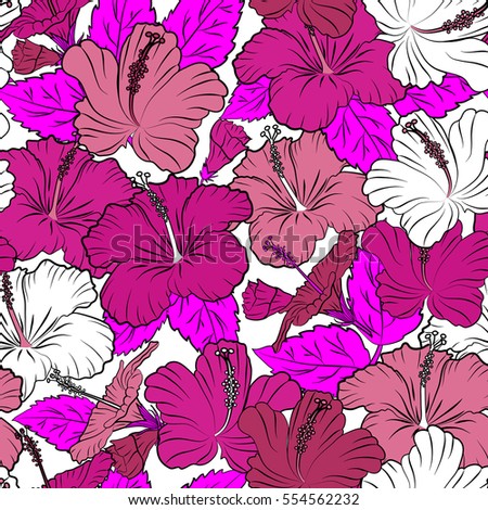 Ideal for web, card, poster, fabric or textile. Creative universal floral pattern in white, magenta and pink colors. Hand Drawn tropical style texture. Seamless pattern of hibiscus flowers on a white.