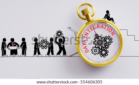 "Data Integration" words on pocket watch with workers doodles carry on cog and read plan to fix it on white background - business, time and finance concept