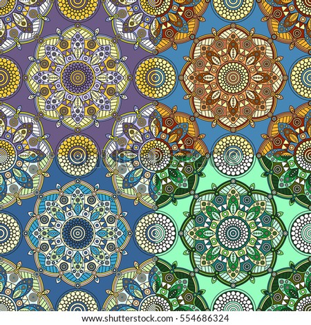 Set of four seamless patterns. Mandala medallion prints inspired by traditional Oriental decorative arts. The clipping masks are set on separate layers and ready to be dragged into Swatches panel.