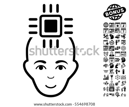 Neural Computer Interface pictograph with bonus business, time management and calendar pictures. Vector illustration style is flat iconic symbols, black color, white background.