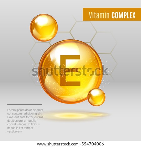 Vitamin E gold shining pill capcule icon . Vitamin complex with Chemical formula, Tocopherols, tocotrienols. Shining golden substance drop. Meds for heath ads. Vector illustration Royalty-Free Stock Photo #554704006