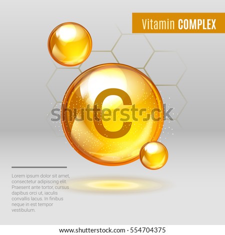 Vitamin C gold shining pill capcule icon . Vitamin complex with Chemical formula, Ascorbic acid. Shining golden substance drop. Meds for heath  ads. Treatment cold flu . Vector illustration Royalty-Free Stock Photo #554704375
