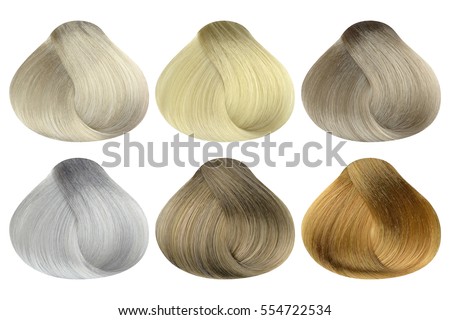 Set of locks of six different blonde hair color samples (arctic, pearl, light ash, platinum, ash and golden blonde), rounded shape, isolated on white background, clipping path included