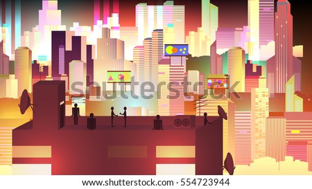 Modern Urban Neon Cityscape scene with Building Silhouettes, Towers and Rooftop Party - Vector Illustration