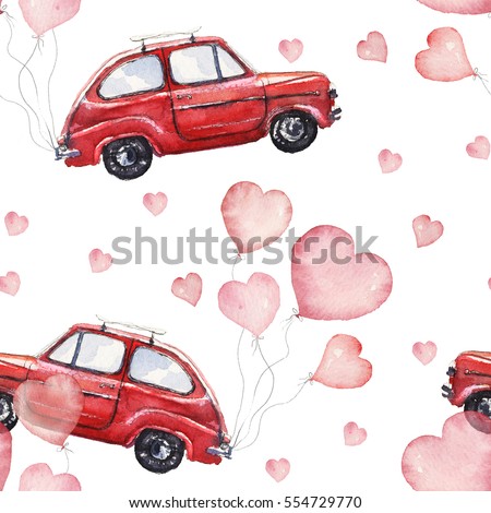 Watercolor Valentine's Day pattern with cars and pink hearts