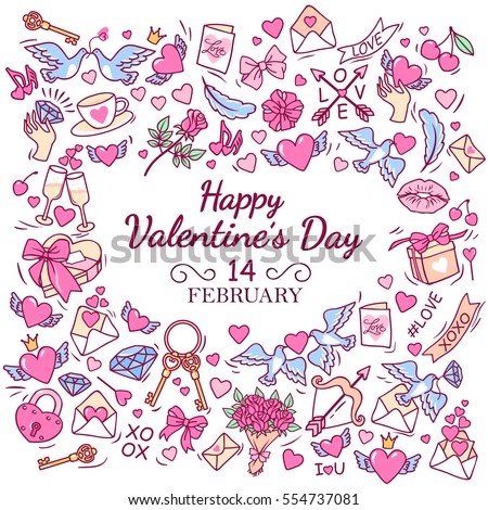 Greeting card for Happy Valentine's day. Frame consisting of the symbols and decorative elements. White background. Vector Illustration