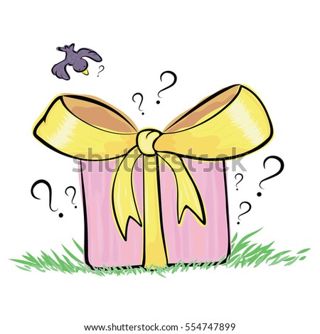 Gift in pink box with yellow ribbon on the grass comic vector illustration isolated on a white background. Surprise for birdie. Question mark. What is this? Present