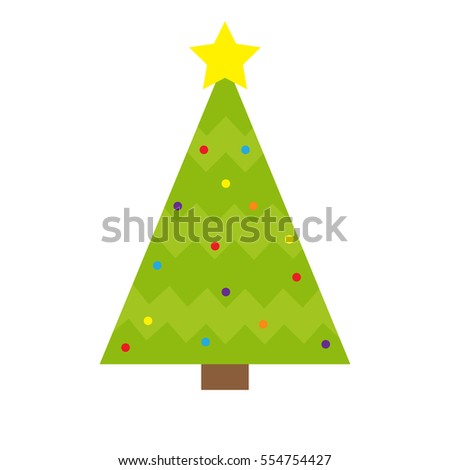 Fir-tree icon. Yellow star tip top. Round ball light toy set. Green triangle simple shape form. Christmas tree. White background. Isolated. Flat design. Vector illustration