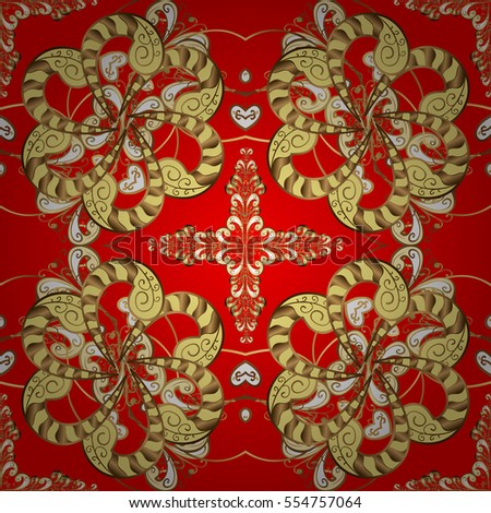 Vintage pattern on red background with golden elements. Round shadow.