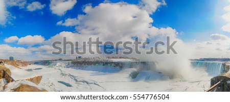 Panoramic view of Niagara Falls during the winter with frozen river