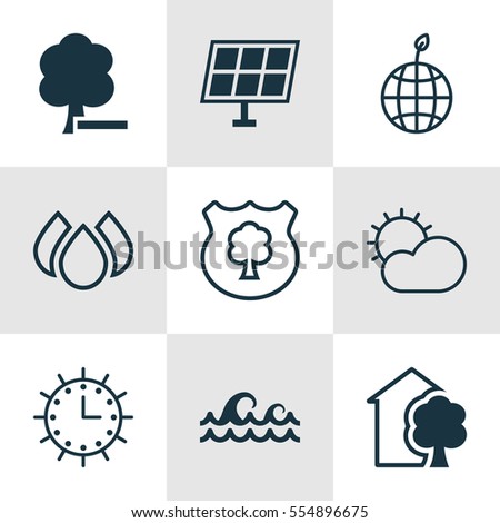 Set Of 9 Eco-Friendly Icons. Includes Ocean Wave, Sun Power, Delete Woods And Other Symbols. Beautiful Design Elements.