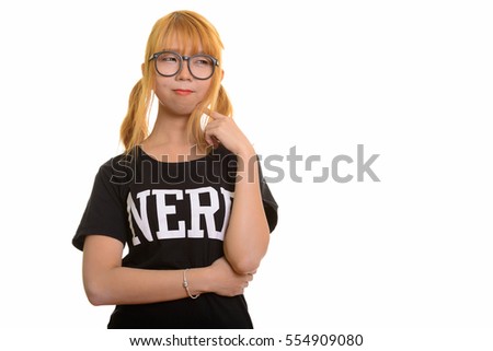 Young cute Asian nerd woman thinking isolated against white background