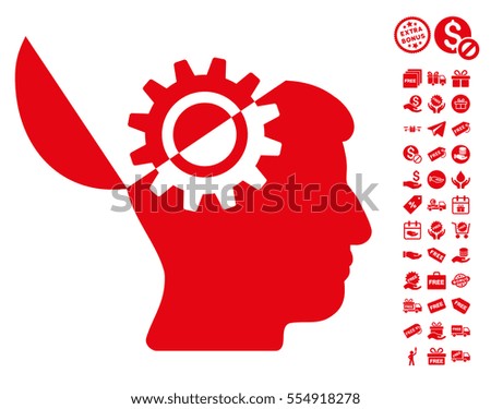 Open Mind Gear icon with free bonus images. Vector illustration style is flat iconic symbols, red color, white background.