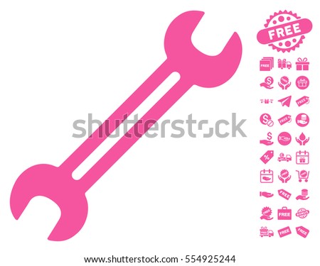 Wrench icon with free bonus clip art. Vector illustration style is flat iconic symbols, pink color, white background.