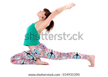 Yogi trainer practices asanas. Woman trains in strength and balance. Photo isolated on white background. Yoga is trend of healthy life.