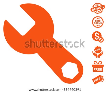 Wrench icon with free bonus clip art. Vector illustration style is flat iconic symbols, orange color, white background.
