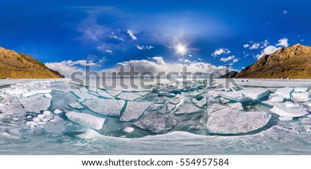spherical panorama of 360 degrees,180 degrees Baikal ice hummocks in Olkhon Island. vr content Royalty-Free Stock Photo #554957584