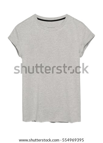 Woman`s gray t-shirt with empty space on white background