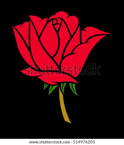 Flower rose, red buds and green leaves. Isolated on black background. Vector illustration.
