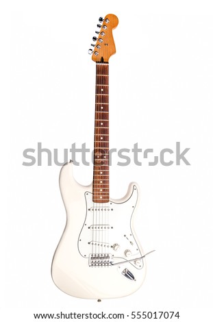 White electric guitar isolated on white background. Royalty-Free Stock Photo #555017074