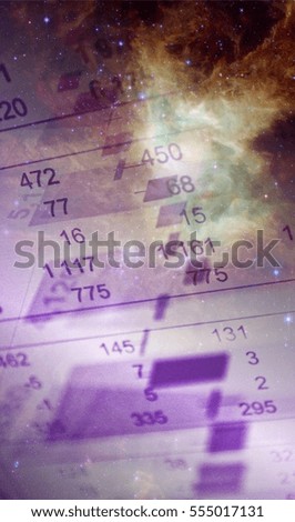 Multiple exposure photo of financial data combined with photo of galaxy. Elements of this image furnished by NASA.